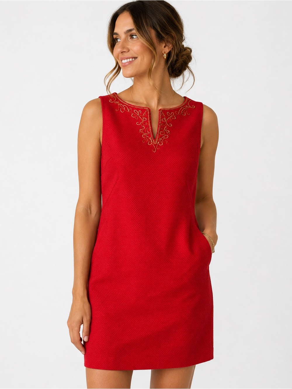 Ellen Tracy Red Textured Sheath Dress Gold Beaded Neckline Holiday Cocktail 12